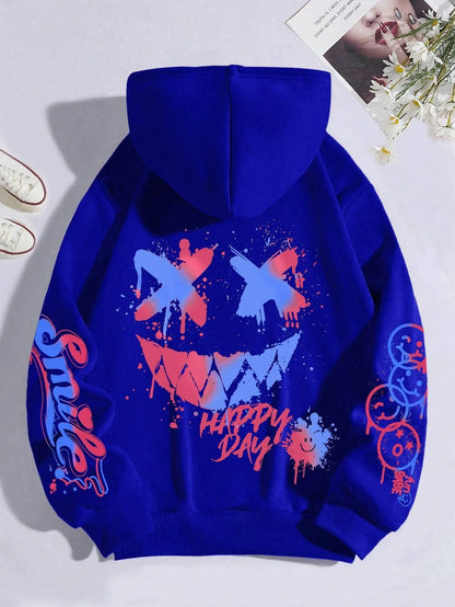 sudadera unisex con capucha transpirable y cómoda con estampado de cara sonriente personalizada de otoño para hombre, sudadera con capucha de moda urbana para exteriores