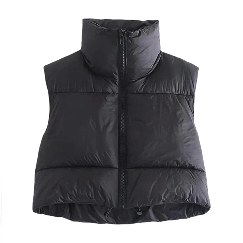 Women's autumn and winter short down cotton vest, short stand-up collar, warm, sleeveless, padded, outdoor travel jacket 
