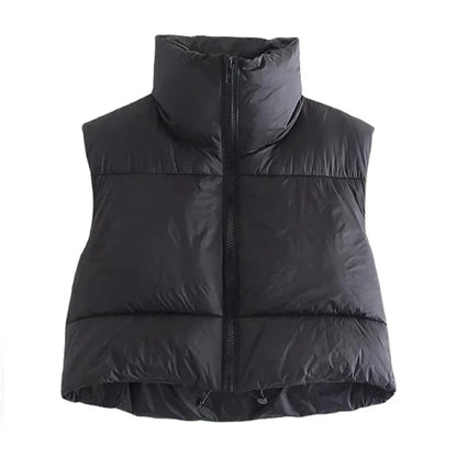 Women's autumn and winter short down cotton vest, short stand-up collar, warm, sleeveless, padded, outdoor travel jacket 