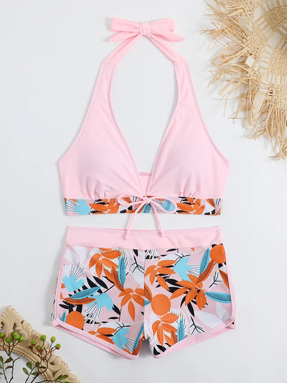 Conjunto de bikini estilo halter 2025, traje de baño corto de cintura alta para mujer, bañador estampado para mujer, traje de baño para playa