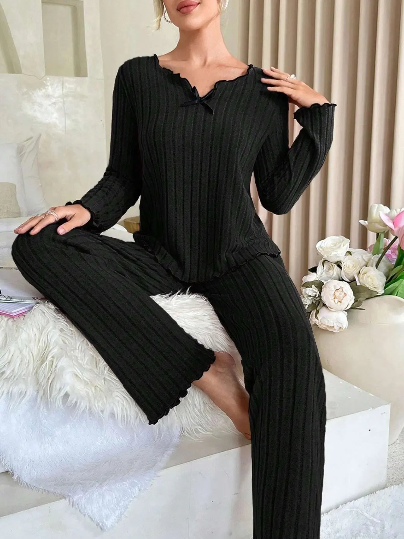 Conjunto de pijamas acanalados para mujer, ropa de dormir de otoño e invierno,