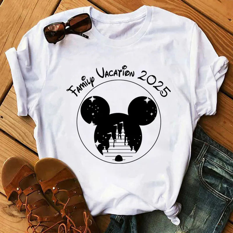 Camiseta de verano nueva de Disney Mickey y Minnie 2025 con estampado boni mujer, camiseta de manga corta, top informal holgadto Y2k para mujer