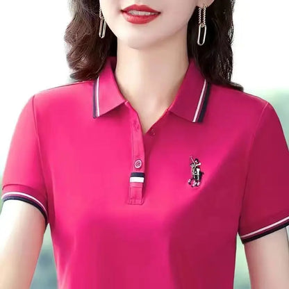 Middle-aged women's short-sleeved T-shirt, loose-fitting polo shirt with contrast embroidery and lapel