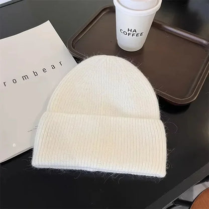 Gorro de punto de Angora para mujer, gorros de punto esponjosos de piel de conejo, gorro de lujo de Corea para mujer