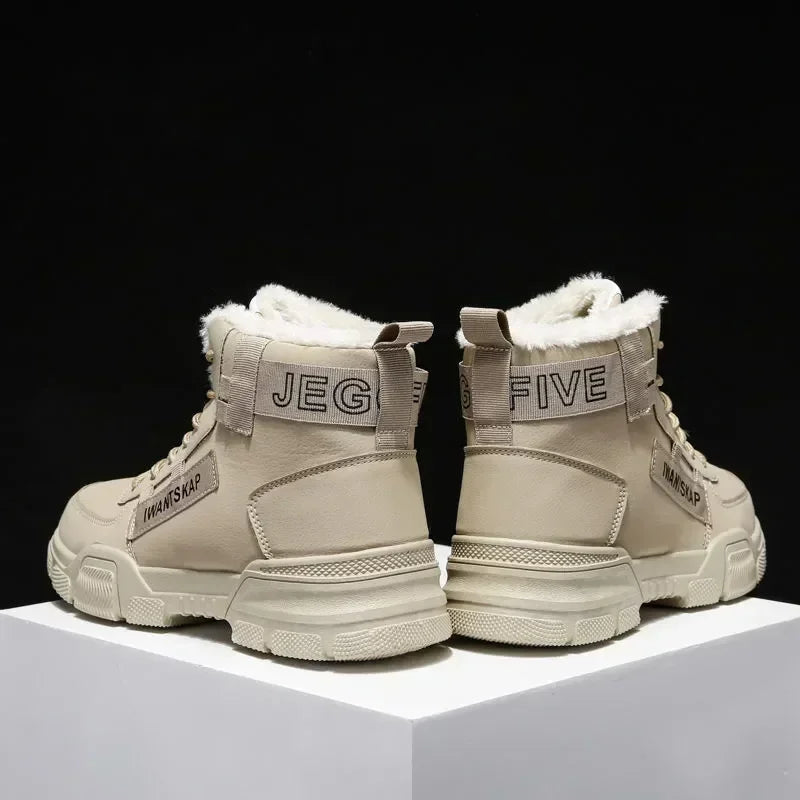 Botas de nieve para hombre, botas de invierno cálidas con cordones, botas de invierno de felpa aterciopelada a la moda, zapatos de hombre de talla grande, color caqui PU517