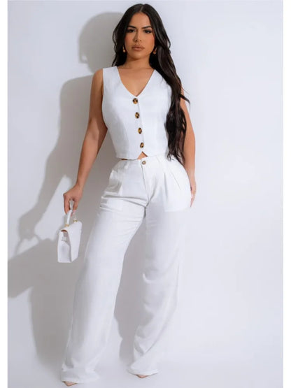 Women 2 Piece Set Sleeveless Vest and Skinny Pants Suit Solid Color V Neck Ultra Crop Top and Pants Office Lady