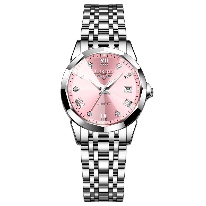 Reloj elegante de lujo para mujer, resistente al agua, luminoso, con fecha, de acero inoxidable, de cuarzo