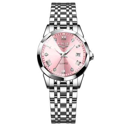 Reloj elegante de lujo para mujer, resistente al agua, luminoso, con fecha, de acero inoxidable, de cuarzo