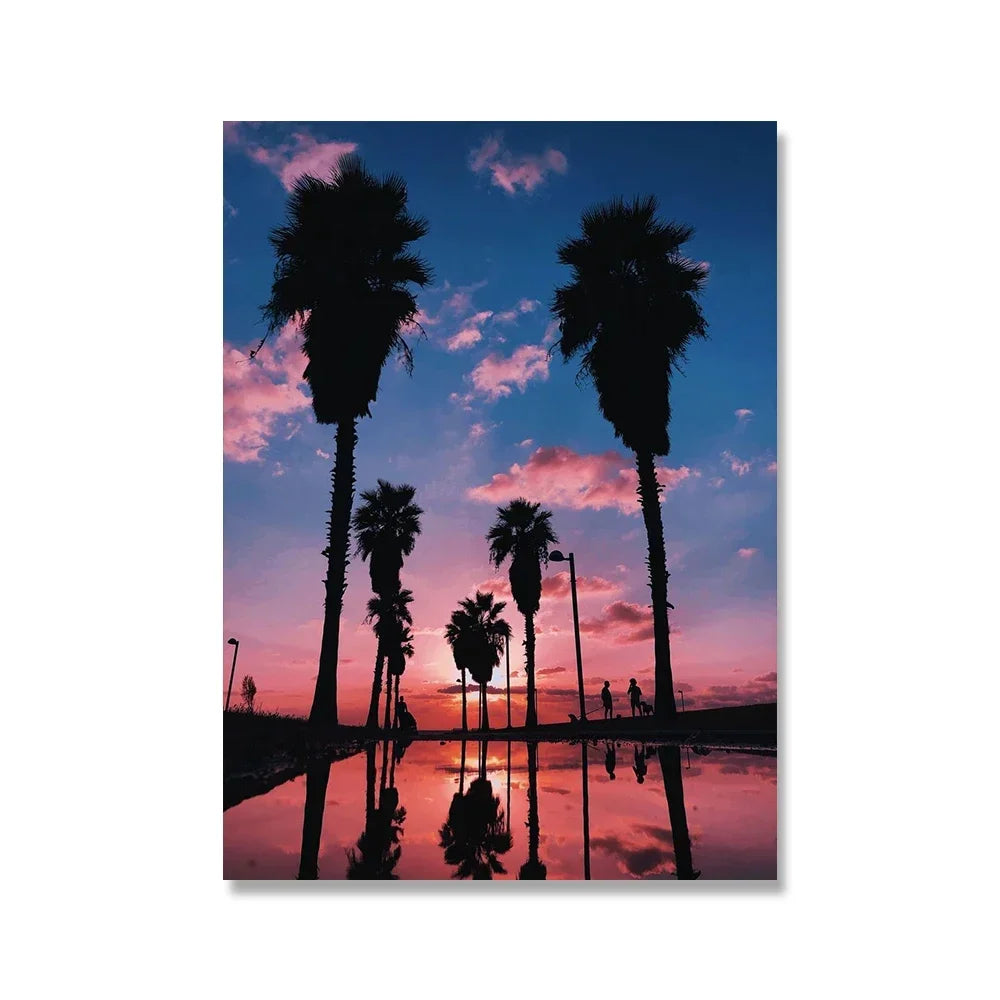 Pintura en lienzo para pared, arte nórdico, puesta de sol, arena, mar, playa, ondas, océano, Palma, póster, imagen Modular de paisaje marino para decoración para sala de estar