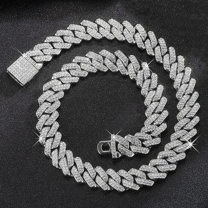Collar de cadena de eslabones cubanos de 15 mm con diamantes de imitación brillantes de estilo para hombre y mujer, joyería punk de color plateado con cadena cubana, regalo