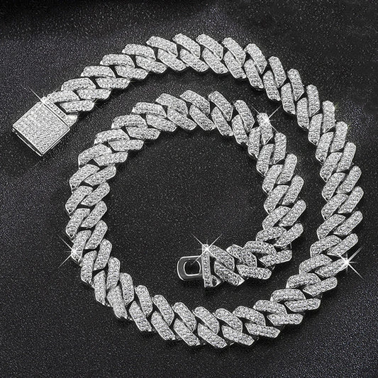 Collar de cadena de eslabones cubanos de 15 mm con diamantes de imitación brillantes de estilo para hombre y mujer, joyería punk de color plateado con cadena cubana, regalo