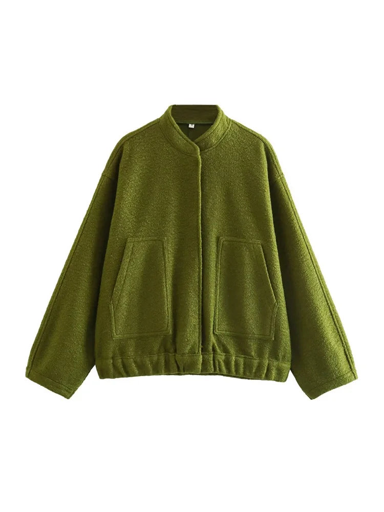 Chaqueta Bomber de gran tamaño con bolsillos para mujer, abrigo Vintage de manga larga con botón a presión, prendas de vestir exteriores para mujer, Tops elegantes