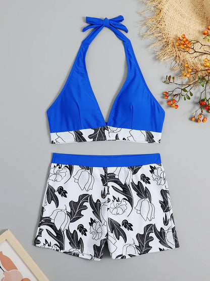 Conjunto de bikini estilo halter 2025, traje de baño corto de cintura alta para mujer, bañador estampado para mujer, traje de baño para playa