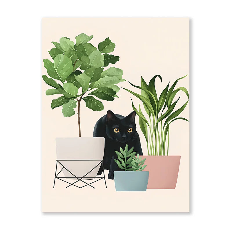 Impresiones artísticas de pared botánicas de gato negro, hojas verdes, plantas, póster bohemio, pinturas decorativas, decoración del hogar para dormitorio y sala de estar