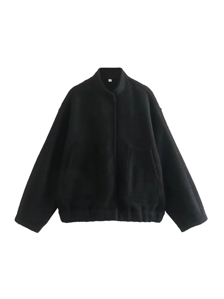 Chaqueta Bomber de gran tamaño con bolsillos para mujer, abrigo Vintage de manga larga con botón a presión, prendas de vestir exteriores para mujer, Tops elegantes