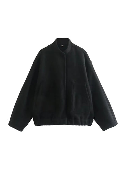 Chaqueta Bomber de gran tamaño con bolsillos para mujer, abrigo Vintage de manga larga con botón a presión, prendas de vestir exteriores para mujer, Tops elegantes