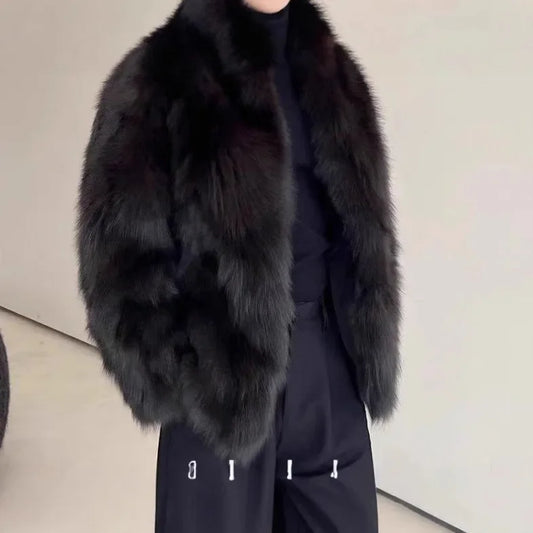 Abrigo de piel sintética grueso para hombre, nuevo estilo de invierno, cuero y piel integrados, abrigo de abrigo para hombre con apariencia de zorro negro de