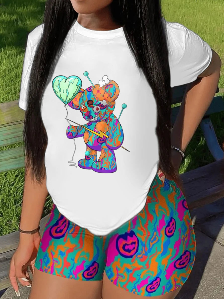 Conjunto informal de camiseta y pantalones cortos de manga corta para mujer, blusa y pantalones con estampado de dibujos animados y cuello redondo, conjunto de dos piezas para oficina