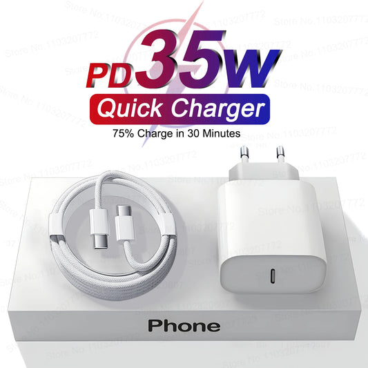 Cargador rápido PD de 35 W para iPhone 11, 12, 13, 14 y 15 Pro Max, cable de carga rápida para iPhone 15 Plus, cable de datos USB tipo C, cargador de teléfono