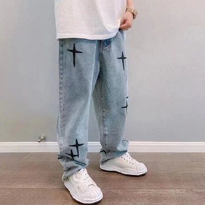 Pantalones Cargo de  holgados informales rectos a la moda Vintage para novio, pantalones vaqueros con estampado de estrellas para hombre, ropa de calle, pantalones vaqueros de pierna ancha holgados