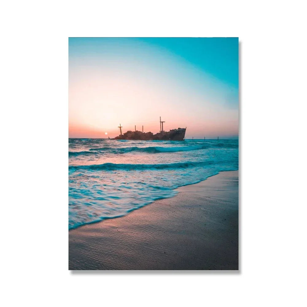 Pintura en lienzo para pared, arte nórdico, puesta de sol, arena, mar, playa, ondas, océano, Palma, póster, imagen Modular de paisaje marino para decoración para sala de estar