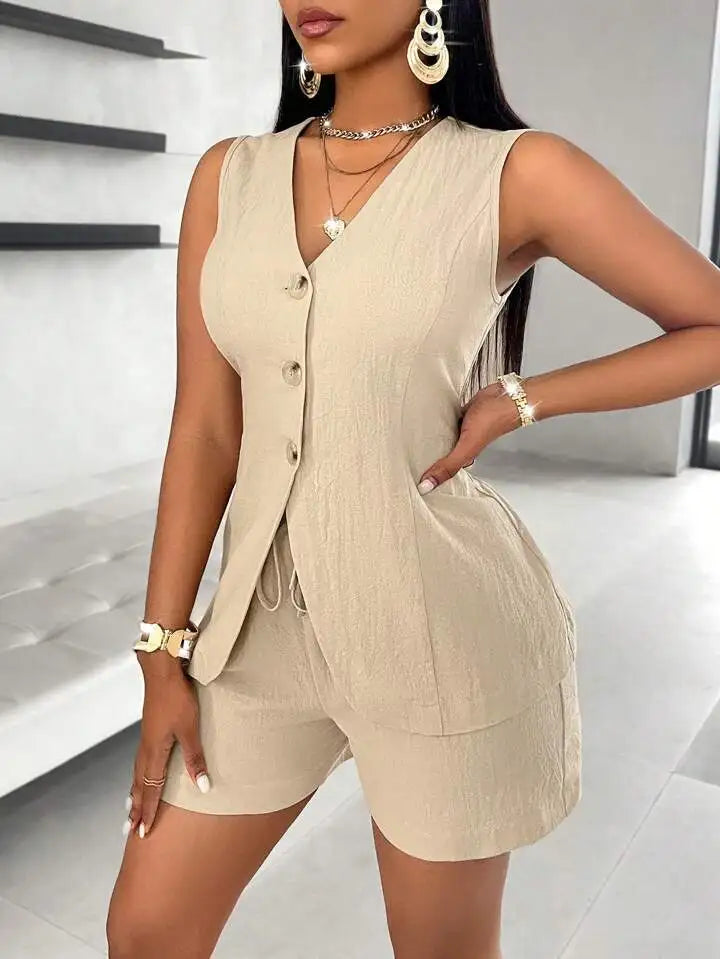 Conjunto de chaleco y pantalones cortos de Color sólido para mujer