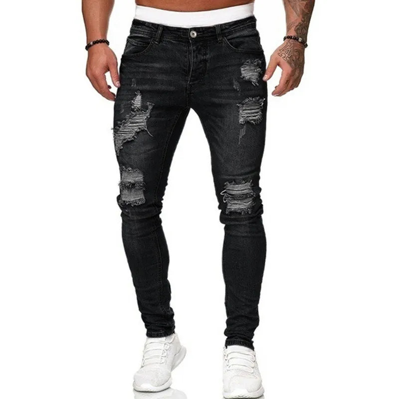 Pantalones vaqueros ajustados rotos estilo callejero de moda para hombre, pantalones vaqueros lisos con lavado vintage, pantalones vaqueros ajustados informales para hombre, gran oferta