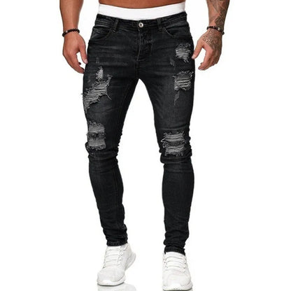 Pantalones vaqueros ajustados rotos estilo callejero de moda para hombre, pantalones vaqueros lisos con lavado vintage, pantalones vaqueros ajustados informales para hombre, gran oferta