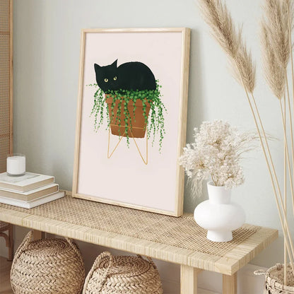 Impresiones artísticas de pared botánicas de gato negro, hojas verdes, plantas, póster bohemio, pinturas decorativas, decoración del hogar para dormitorio y sala de estar