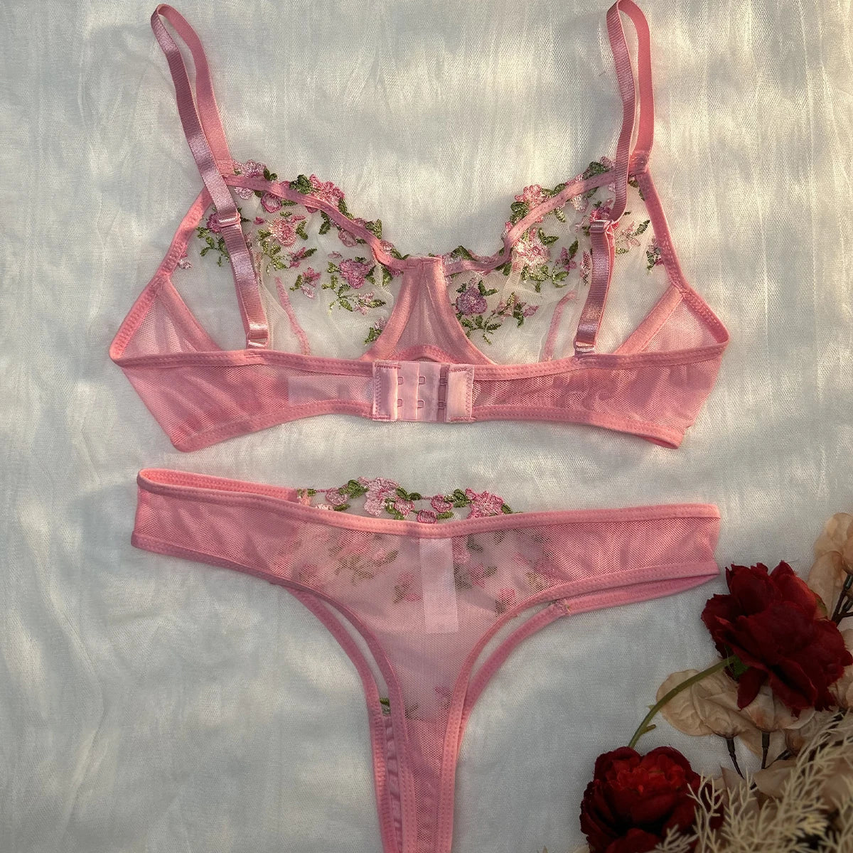 Lencería Sexy rosa para mujer, ropa interior transparente de encaje, conjuntos de bragas con bordado de hadas, sujetador delicado, conjuntos de bragas eróticas