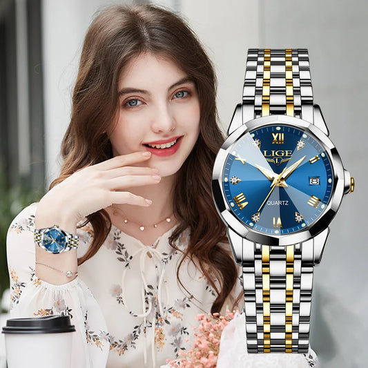 Reloj elegante de lujo para mujer, resistente al agua, luminoso, con fecha, de acero inoxidable, de cuarzo