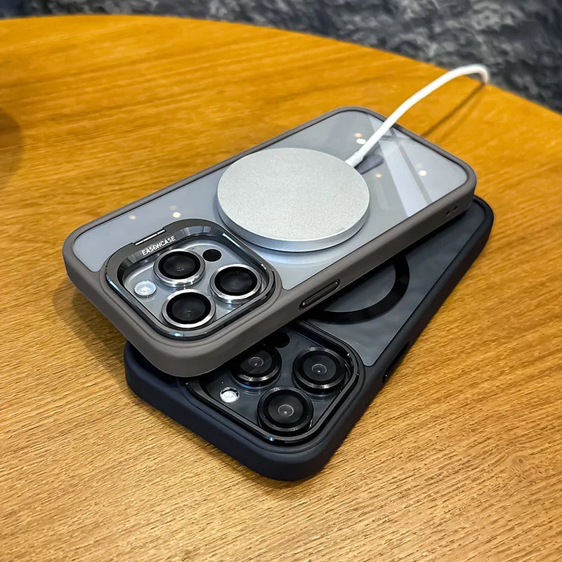 Funda magnética de lujo a prueba de golpes para iPhone 15, 14, 13, 12, 11, 16 Pro Max, 16 Plus, 16E, con soporte y protección de lente de cristal