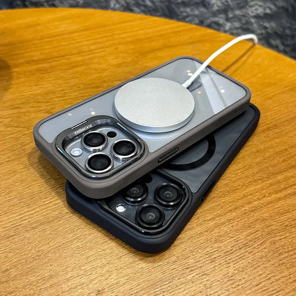 Funda magnética de lujo a prueba de golpes para iPhone 15, 14, 13, 12, 11, 16 Pro Max, 16 Plus, 16E, con soporte y protección de lente de cristal