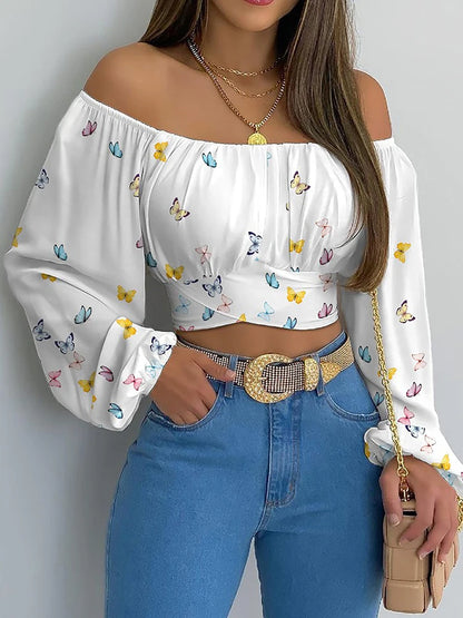 Blusa con hombros descubiertos para mujer, elegante con estampado