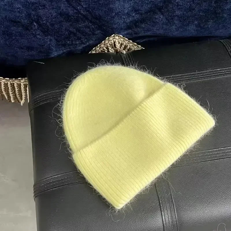 Gorro de punto de Angora para mujer, gorros de punto esponjosos de piel de conejo, gorro de lujo de Corea para mujer