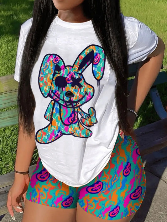 Conjunto informal de camiseta y pantalones cortos de manga corta para mujer, blusa y pantalones con estampado de dibujos animados y cuello redondo, conjunto de dos piezas para oficina