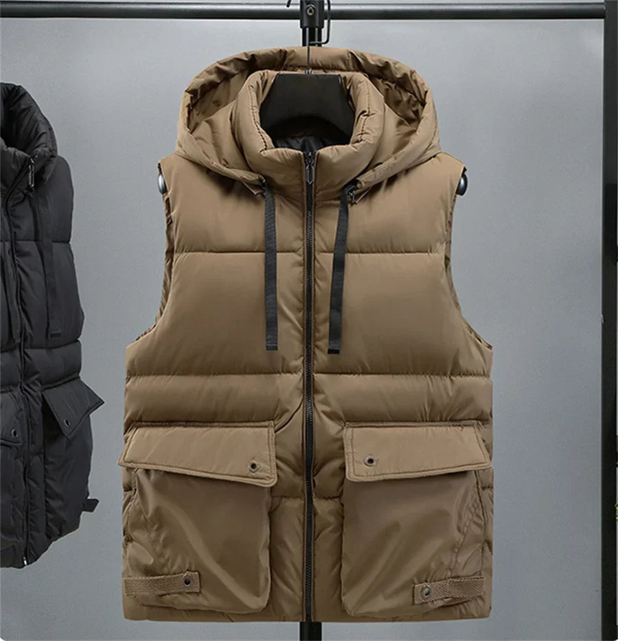 Chaleco con capucha para hombre, chaleco cálido con cuello levantado y cremallera para invierno, chaquetas sin mangas acolchadas de algodón con bolsillos grandes