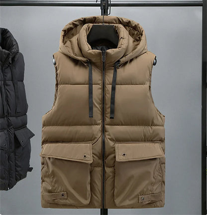 Chaleco con capucha para hombre, chaleco cálido con cuello levantado y cremallera para invierno, chaquetas sin mangas acolchadas de algodón con bolsillos grandes