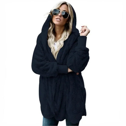 Manteau chaud en peluche pour femme à manches longues, couleur unie, à capuche, surdimensionné, hiver, automne