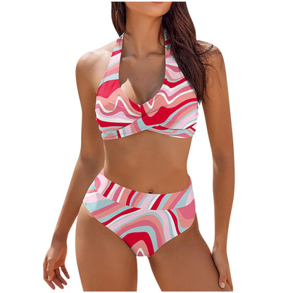 Bikini de playa con estampado floral y bloques de color para mujer, traje de baño de cintura alta de dos piezas para adolescentes