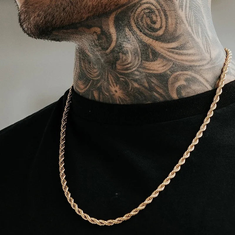 Collar largo de cuerdas para hombre, cadena de cuerda torcida minimalista de acero inoxidable, disponible en color dorado, color plateado, de 2 a 5 mm