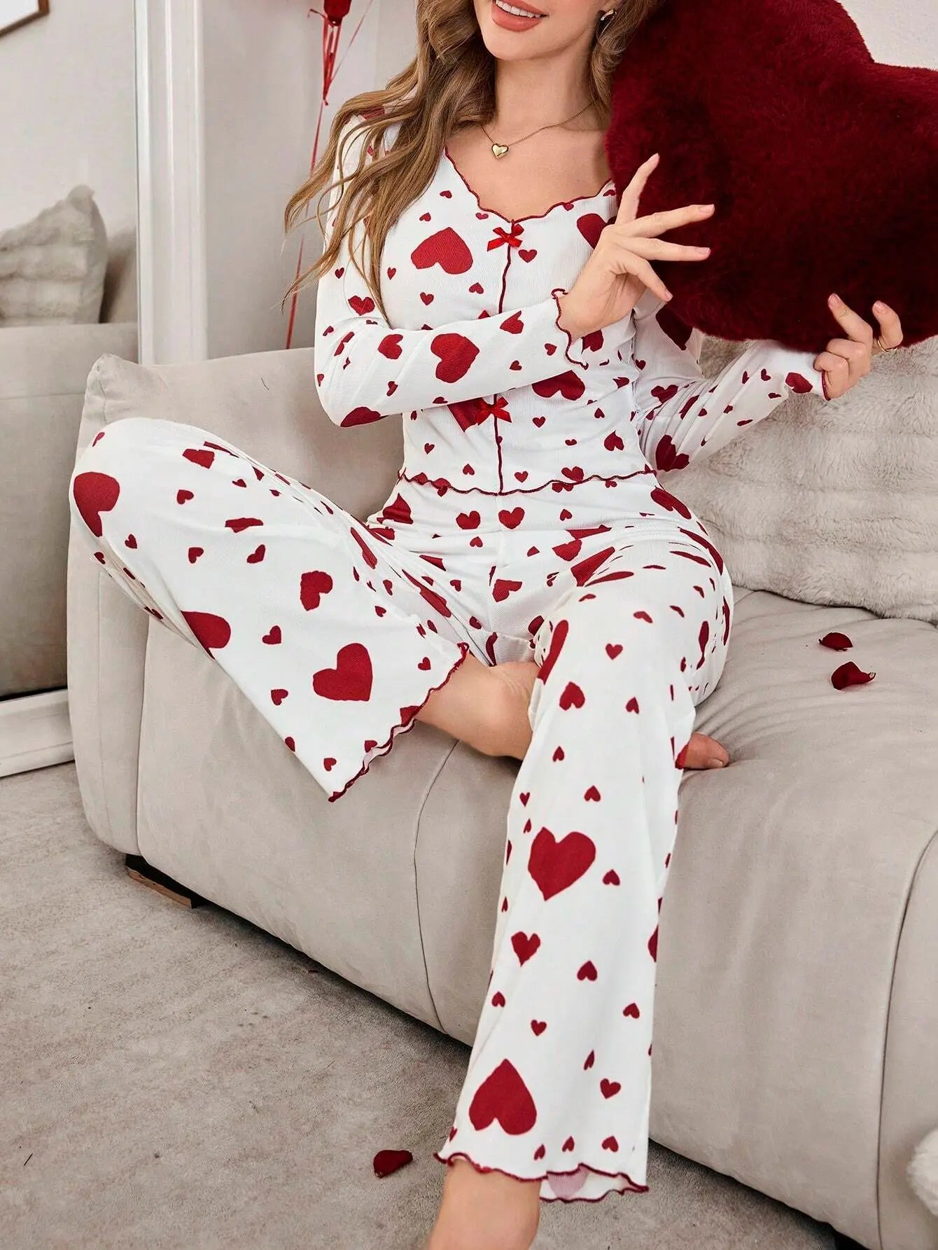 pijamas para mujer ropa de dormir estampado de corazón Tops de manga larga con pantalones largos conjunto de pantalones pijamas