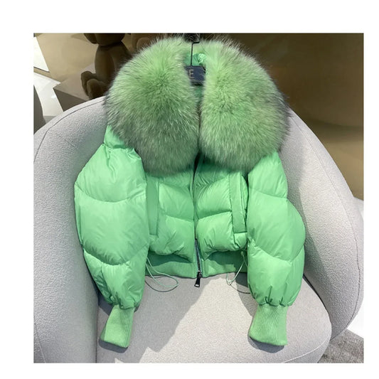 Chaqueta de plumón de invierno a la moda para mujer, abrigo recortado con Cuello de piel de zorro de gama alta