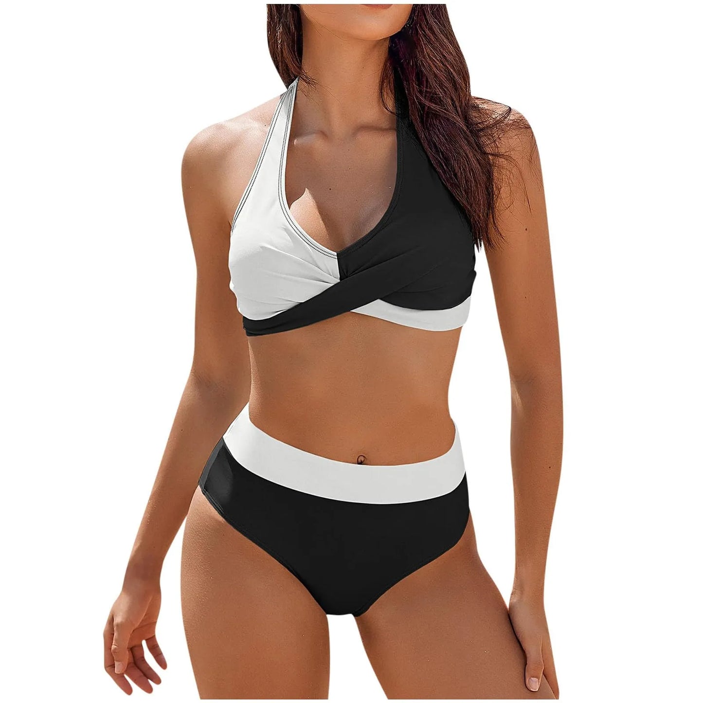 Bikini de playa con estampado floral y bloques de color para mujer, traje de baño de cintura alta de dos piezas para adolescentes