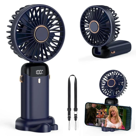 Mini ventilador de mano de 5000 mAh, inalámbrico, recargable por USB, portátil, con pantalla digital, soporte para teléfono, ventilador plegable de 5 velocidades para colgar en el cuello