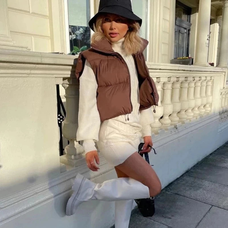 Women's autumn and winter short down cotton vest, short stand-up collar, warm, sleeveless, padded, outdoor travel jacket 