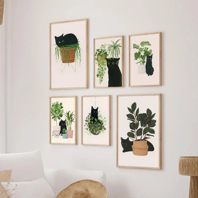 Impresiones artísticas de pared botánicas de gato negro, hojas verdes, plantas, póster bohemio, pinturas decorativas, decoración del hogar para dormitorio y sala de estar