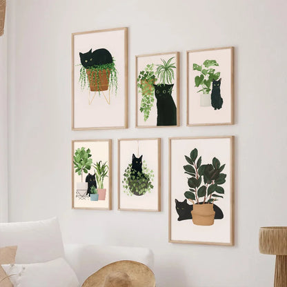 Impresiones artísticas de pared botánicas de gato negro, hojas verdes, plantas, póster bohemio, pinturas decorativas, decoración del hogar para dormitorio y sala de estar