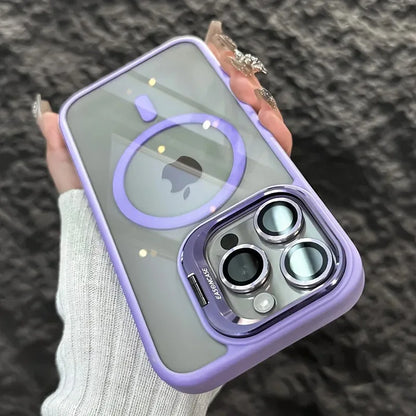 Funda magnética de lujo a prueba de golpes para iPhone 15, 14, 13, 12, 11, 16 Pro Max, 16 Plus, 16E, con soporte y protección de lente de cristal