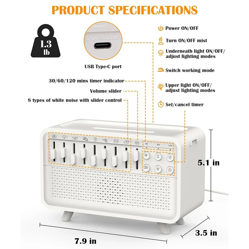 Altavoz 3 en 1 compatible con Bluetooth, ruido blanco, ayuda para dormir, humidificador de luz nocturna, máquina todo en uno, sonido natural gratuito de 8 Goup